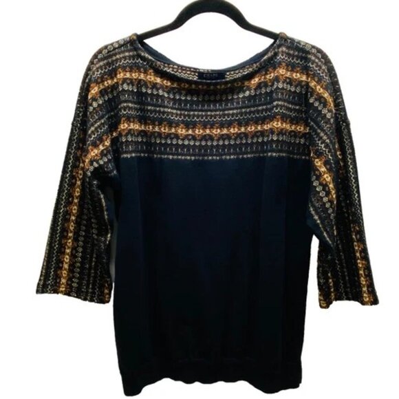 Chaps Sweater Women’s XL Black Gold Tribal Banded Bottom 3/4 Sleeve Sweatshirt - Picture 1 of 7